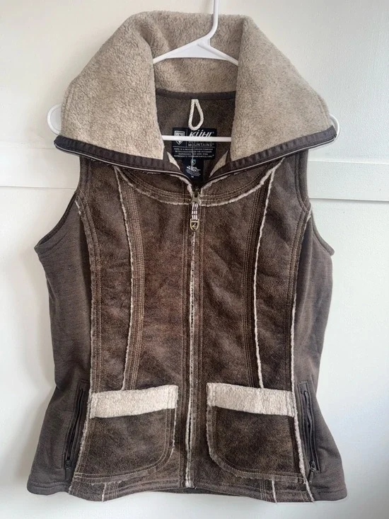 KUHL Projekt Dani Sherpa Vest Womens Brown Faux Leather Wool Outdoor Medium - Picture 1 of 12